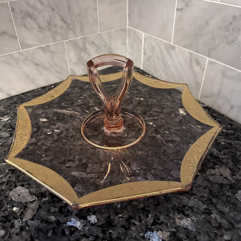 Tiffin Franciscan Pink Rambler Rose Octagonal Glass Tray w/Gold Trim & Handle